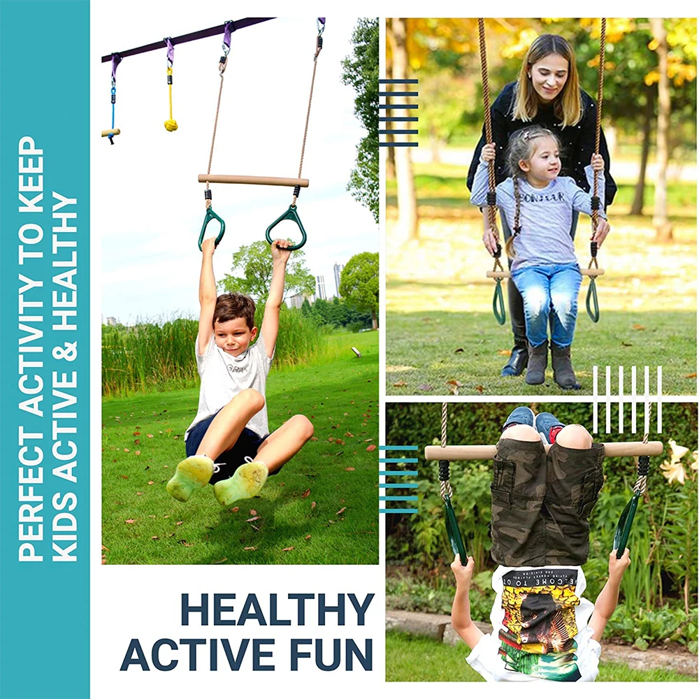 Wooden Trapeze with Plastic Gym Rings  Outdoor  Indoor Playground 2 in 1 Swing Set Accessories for Kids 6