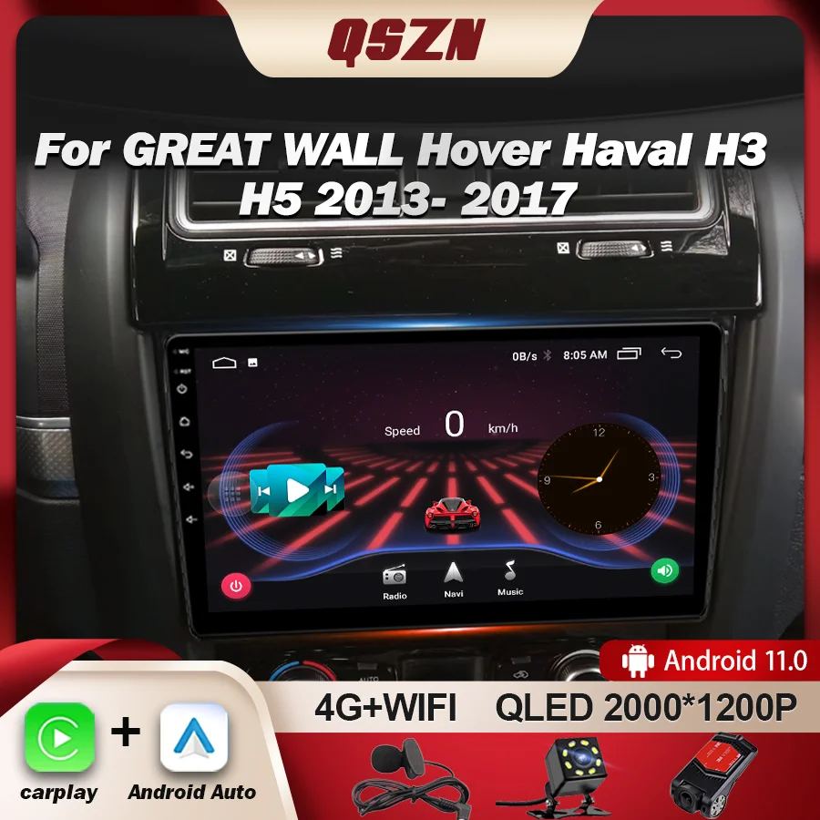 

Автомагнитола QSZN для GREAT WALL Hover Haval H3 H5 2013-2017, мультимедийный видеоплеер с GPS, 4G, Carplay, Android 12, Авторадио 2K QLED