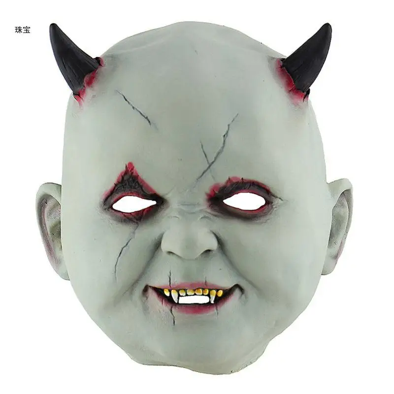 

X5QE Halloween Creepy Scary Full Face Mask Horror Little Devil Ox Horn Cosplay Props