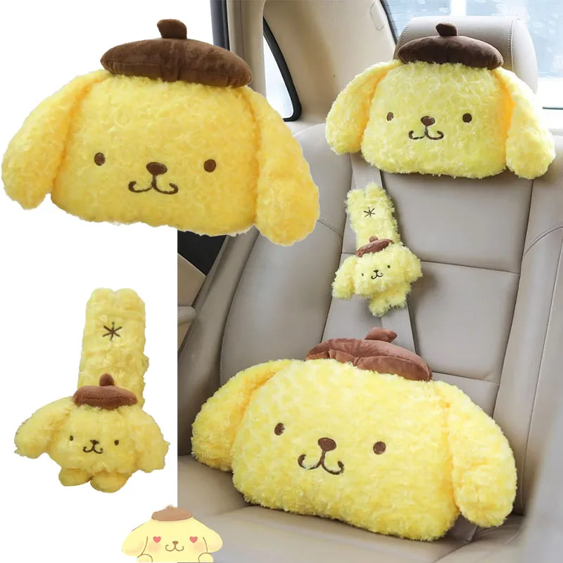 New Sanrioed Pom Pom Purin Plush Car Headrest Neck Pillow Car Seat Belt Cover Kawaii Car Head Pillow Auto Seat Belt Shoulder Pad