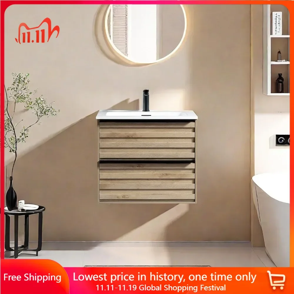 24 Inch Bathroom Vanity with Sink, 2 Extra Big Drawers, Wavy Panel Design, Wall Mounted Floating Bathroom Vanities Cabinet Set