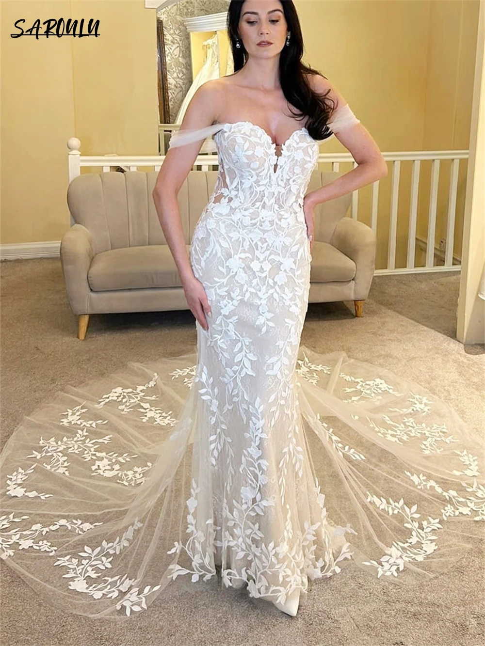 

Floral Lace Off-the-Shoulder Mermaid Long Wedding Dress Sexy Trumpet Court Train Bride Dresses For Women Bridal Wedding Gown