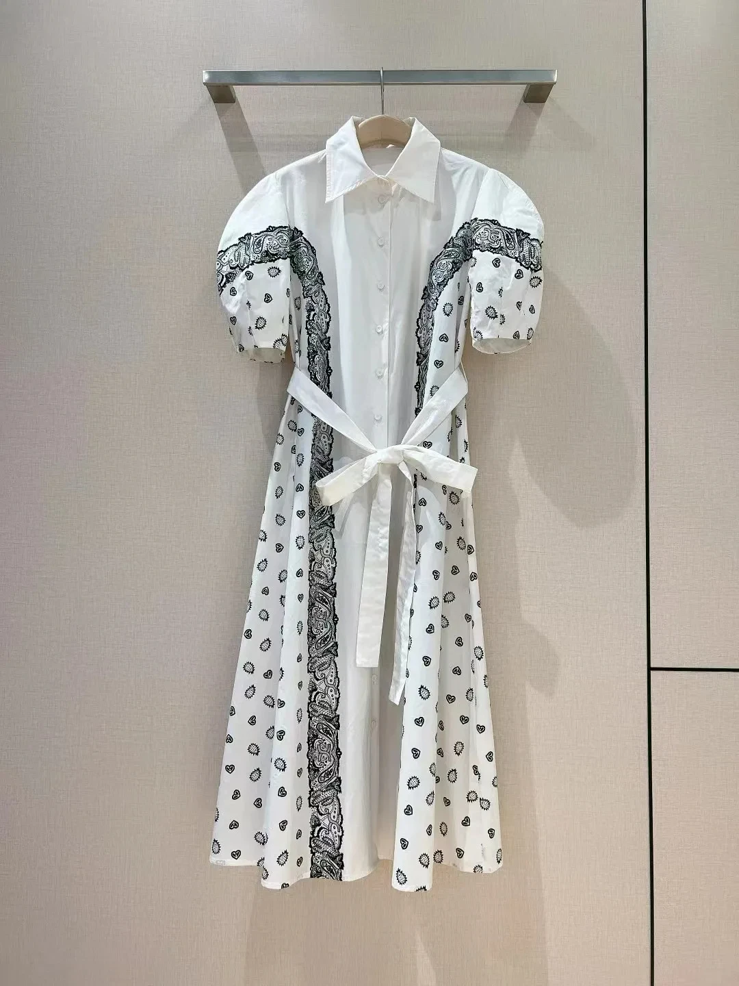 

2024 New high-end custom positioning printed bubble sleeve lapel dress, 100% Cotton fabric