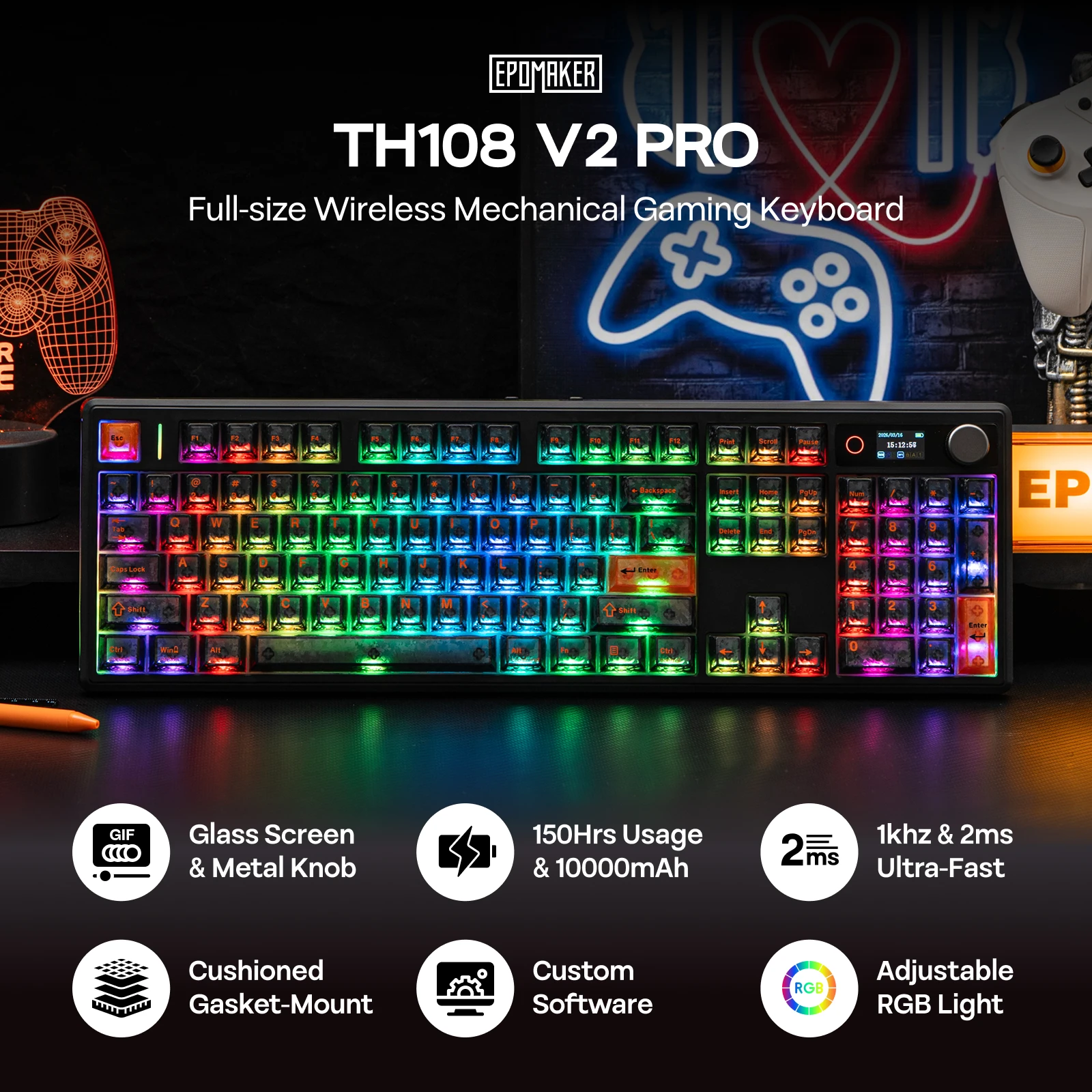EPOMAKER TH108 V2 PRO 100% ANSI US 레이아웃 유선/블루투스/2.4Ghz 무선 맥 모디파이어 기계식 키보드 (스크린 및 노브 포함)
