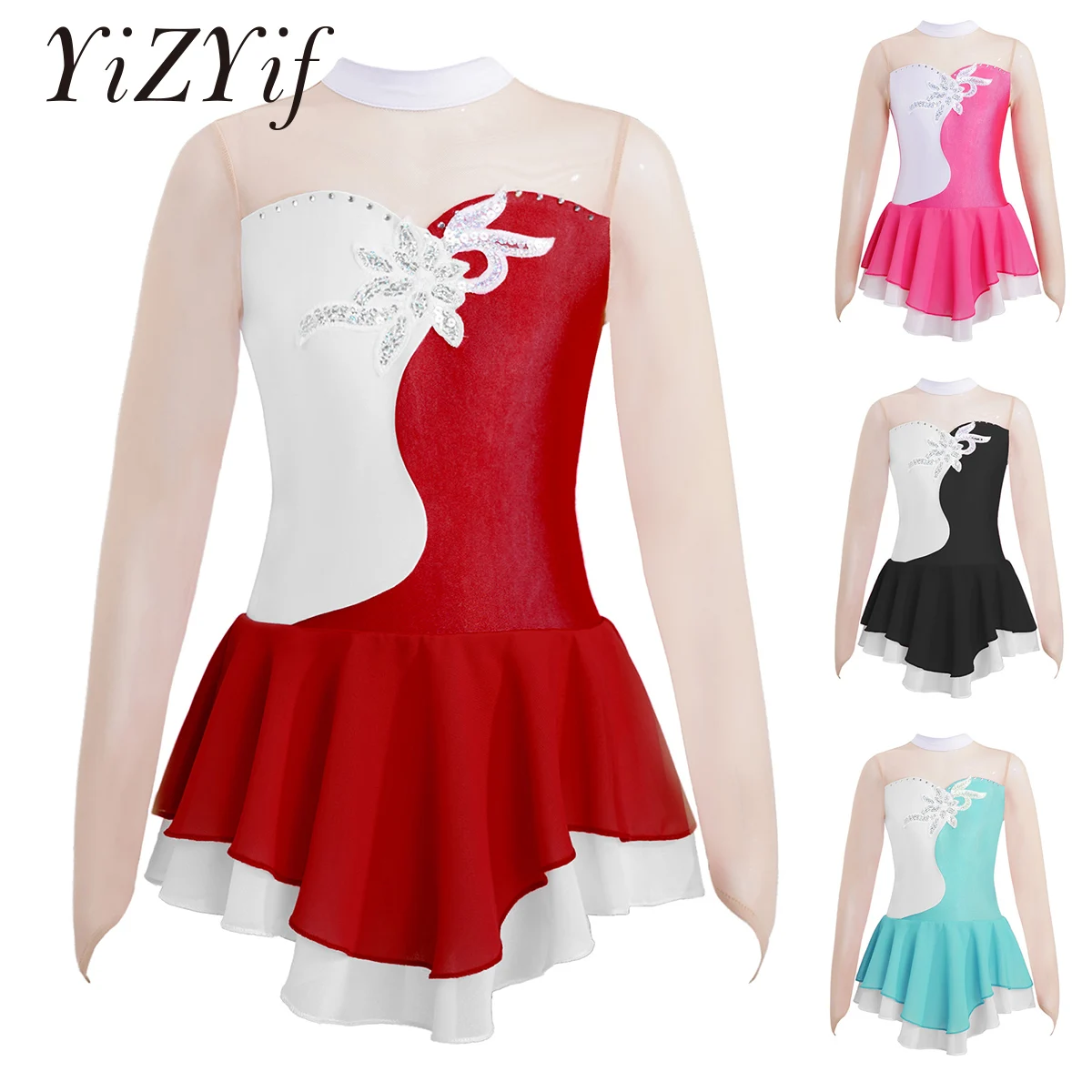 

Ballet Leotard Dance Dress Kids Girls Sequins Floral Gymnastics Bodysuit Long Sleeves/Sleeveless Mesh Figure Ice Skating Costume