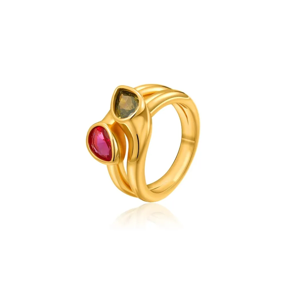 18K Gold Plated Chunky Crystal Striped Ring with Shiny Zircon