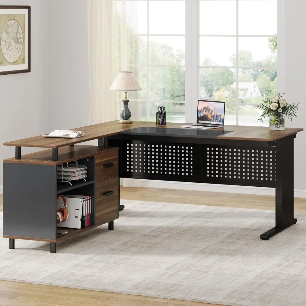 63 Inch Large Office Desk L Shaped Computer Desk with Drawers and Storage Shelves, Business Furniture Desk Workstation 4