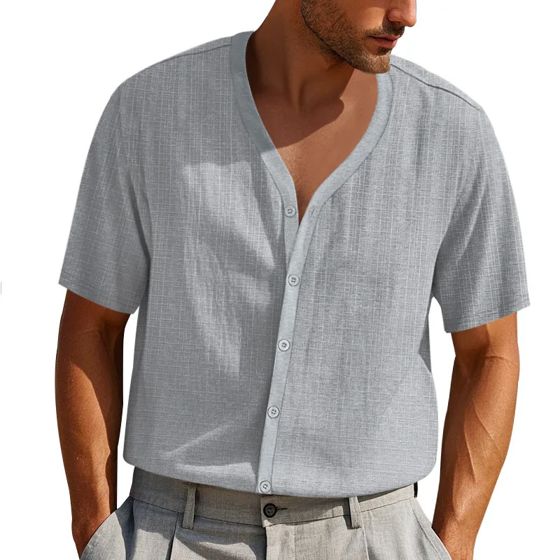 Mens Linen V Neck Short Sleeve Summer Business Shirts