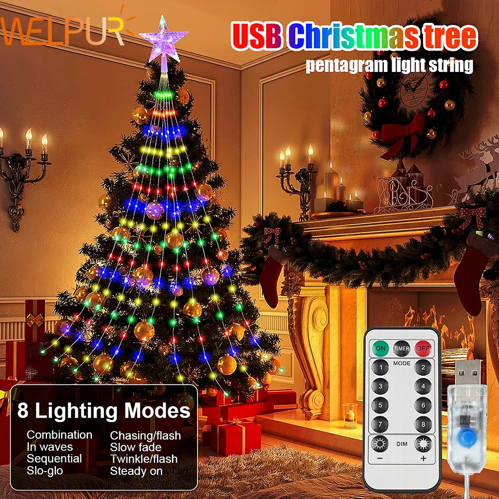 Guirxiété lumineuse LED USB pour sapin de Noël, pentagramme, lumières de cascade, fête de mariage, décoration de chambre, éclairage de vacances, 3m, 2m