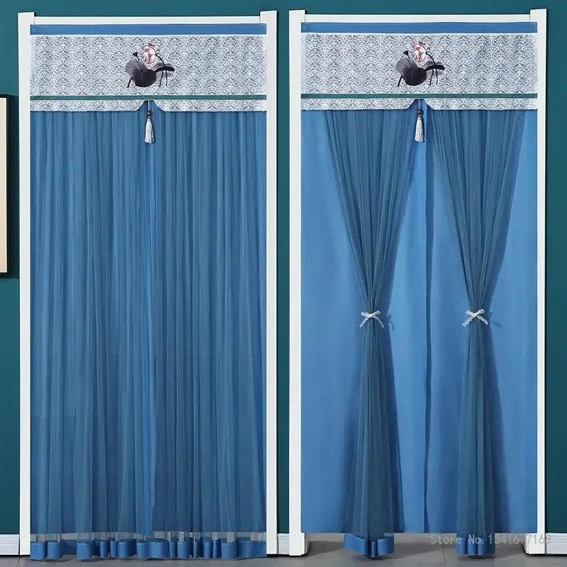 Punch-Free Mosquito Screen Door Curtain, Breathable Bedroom Partition Curtain, Double Layer Opaque Yarn Lace Door Curtain, 1Pc