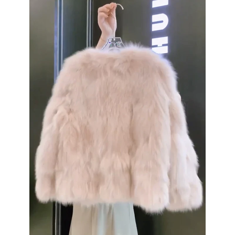 Korean Princess Style Faux Fox Fur Eco-friendly Fur Women's Coat 2023 Autumn Winter Fashion Long Sleeve V-neck Stitching Coat