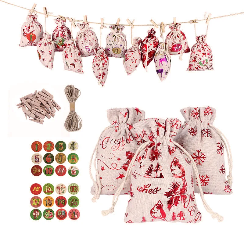24Days Christmas Advent Calendar Bag Xmas Gift Bags With Clips Wall Hanging Drawstring Bag Christmas Countdown Advent