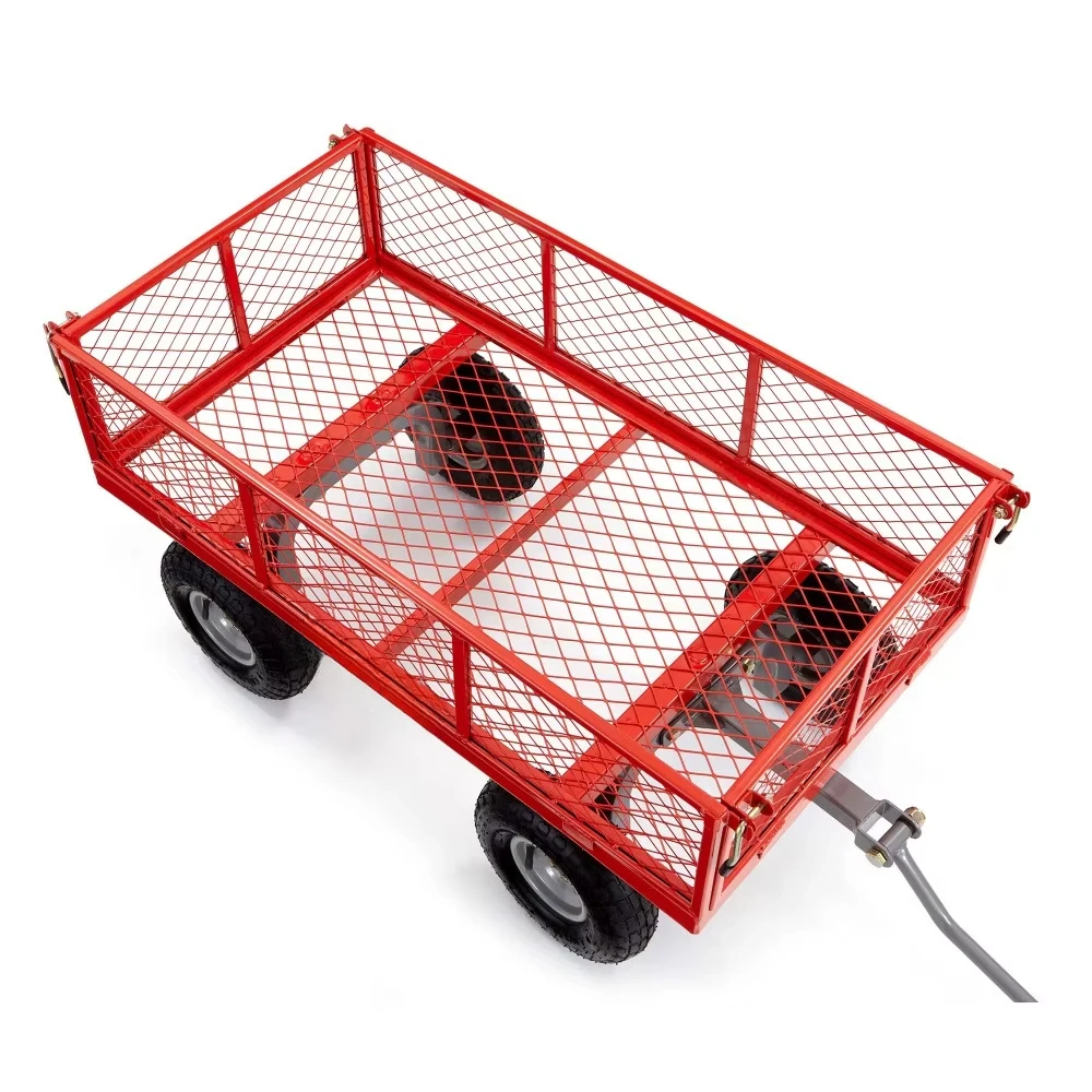 800 Pound Capacity Steel Utility Cart, Flatbed Gardening Cart, Outdoor Yard Wagon with Tow Handle and Removable Sides, Red