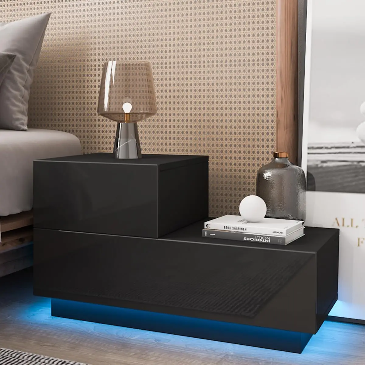 Small LED Nightstand Modern Black Night Table High Gloss Bedside Table with 2 Drawers Night Stand with Light End Side Tab