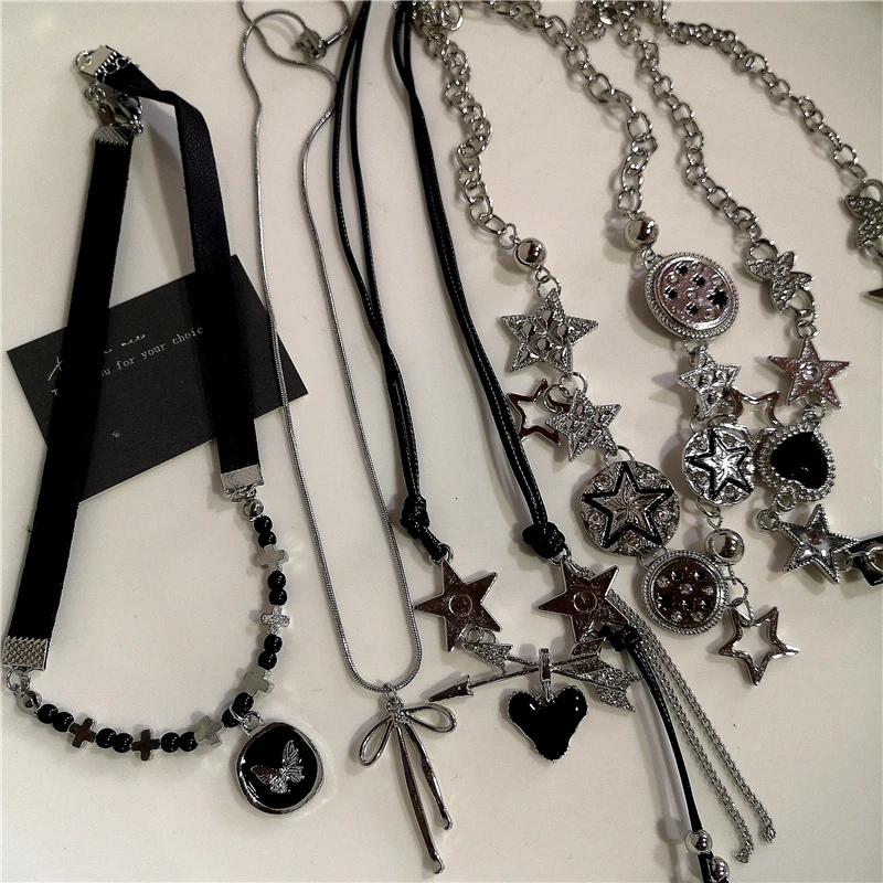 Koreanische Mode Stern Pentagramm Bowknot Anhänger Halskette Für Frauen Männer Schwarz Seil Kette Choker Y2K Schmuck Punk Grunge Zubehör – Detail 4