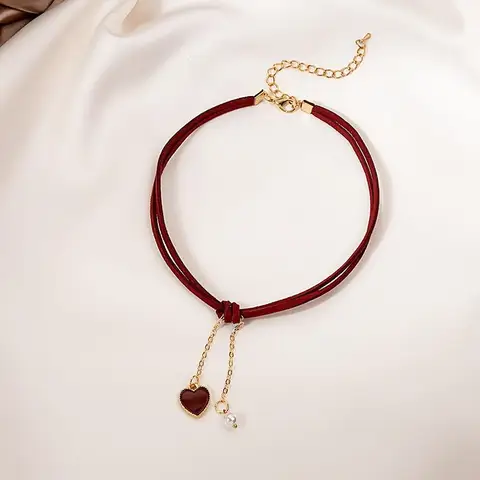 Short Small Red Heart Simple Temperament Net Red Love Necklace Pearl Chain Necklace Red Rope Necklace Women Wedding Jewelry