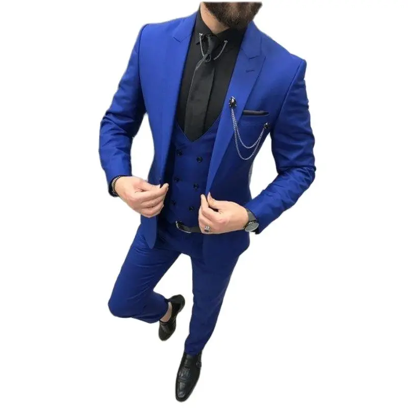 

Royal Blue Men Suits Regular Fit Peaked Lapel Custom Made Wedding Groom Tuxedos Slim Fit Male Blazer 3 Pieces Jacket+Pants+Vest