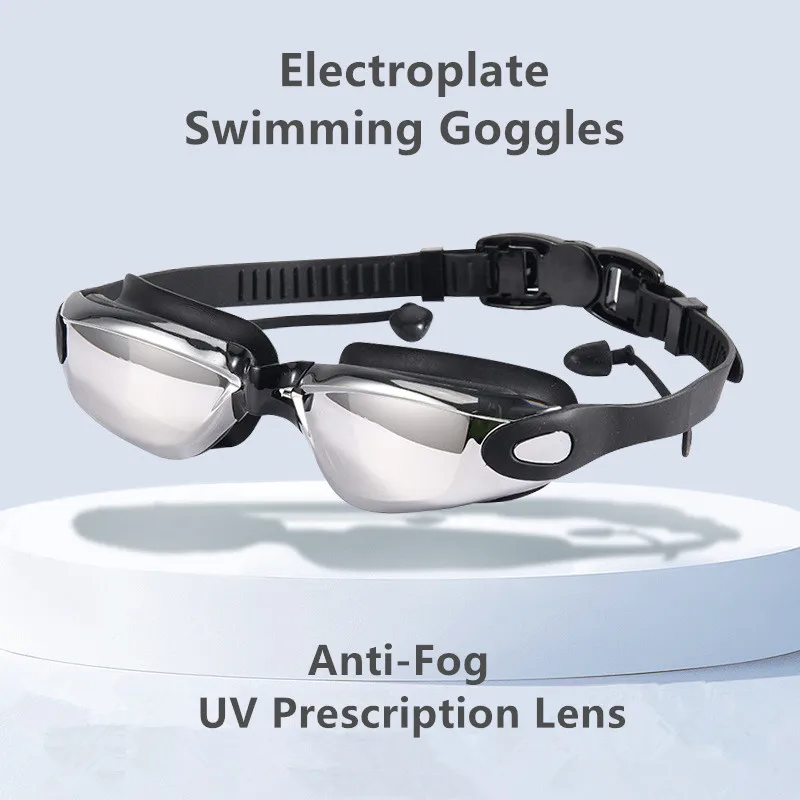 Professional Adluts Swimming Goggles Electroplate Anti-Fog Swimming Glasses with Earplugs uv Prescription Lens Silicone eyewear 4