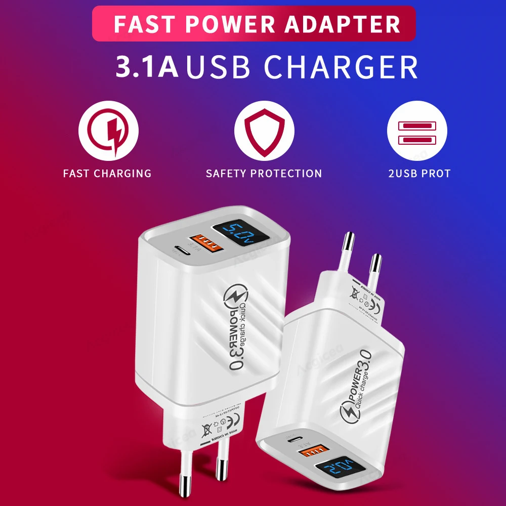 20W USB PD Fast Charging Charger with Digital Display and USB-C Adapter