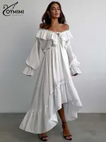 Oymimi Elegant White Ruffled Dresses 2025 Woman Fashion V-Neck Lace-Up Long Sleeve Dresses Casual High Waist Floor-Length Dress