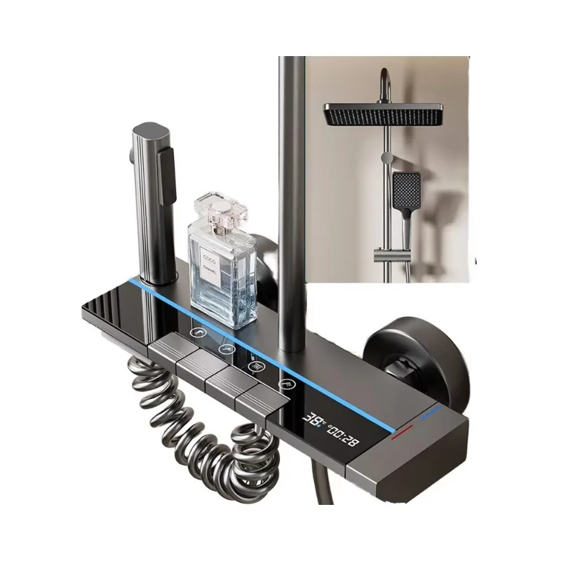 4 Functions Gun Grey Piano Light Emitting Diode Display Brass Material Bathroom Faucet Soft Jet Massage Shower System 1