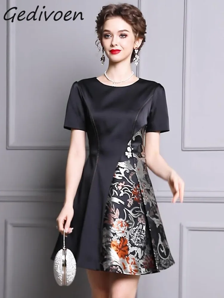 

Gedivoen Summer Fashion Designer Vintage Black Evening Party Dress Women's O-Neck High Waist Casual Jacquard Mini Short Dress