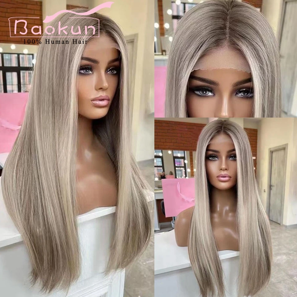 

13x4 Ash Blonde Highlight Wig Straight Lace Front Wigs Human Hair Pre Plucked Transparent 13x6 HD Lace Frontal Wig For Women