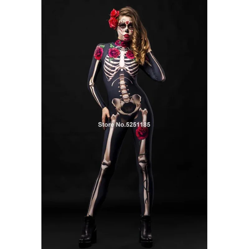 Women Cosplay Skeleton Rose Sexy Bodysuit Halloween Devil Ghost Specter Jumpsuit Romper Party Carnival Performance Scary Costume