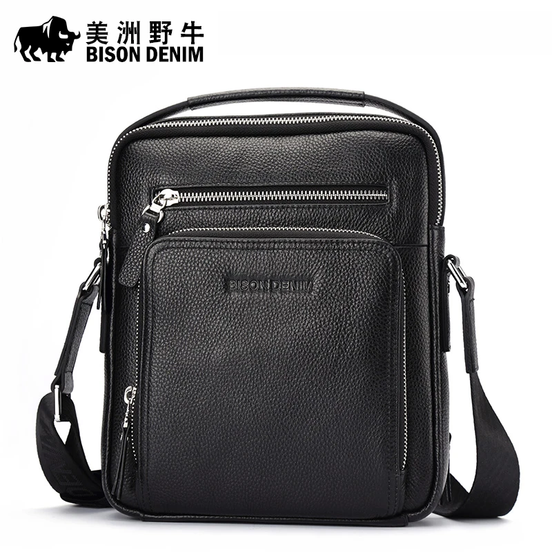 BISON DENIM Classic Black Male Bag Genuine Leather Business Crossbody Bag iPad Mens Messenger Bag Casual Bolsas Male N2845 2023 3
