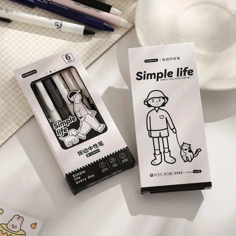 

6 Pcs/set 0.5mm Black Quick Dry Kawaii Pen Set Simple Life Series Press Gel Pen Set Creative DIY Student Supplies Stationery