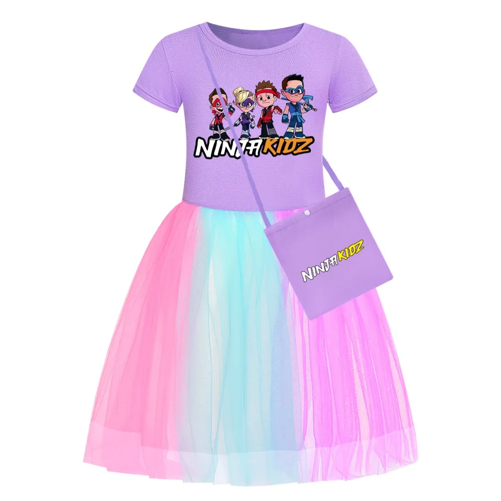 Ninja Kidz Kids Clothes Knee-Length Dresses+ Bag Cute Cotton Gauze Full Dress Teenagers Cartoon Baby Girls Party Clothing