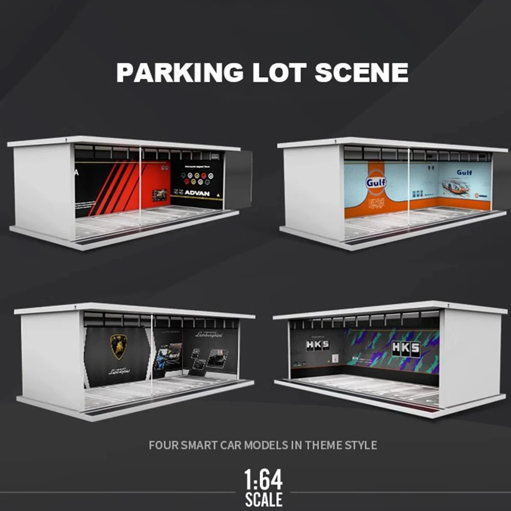 1:64 Scale Diorama Car Garage Model Assemble LED Lighting Car Parking Lot Backdrop Display Scene Model Toy Collection Gift 4