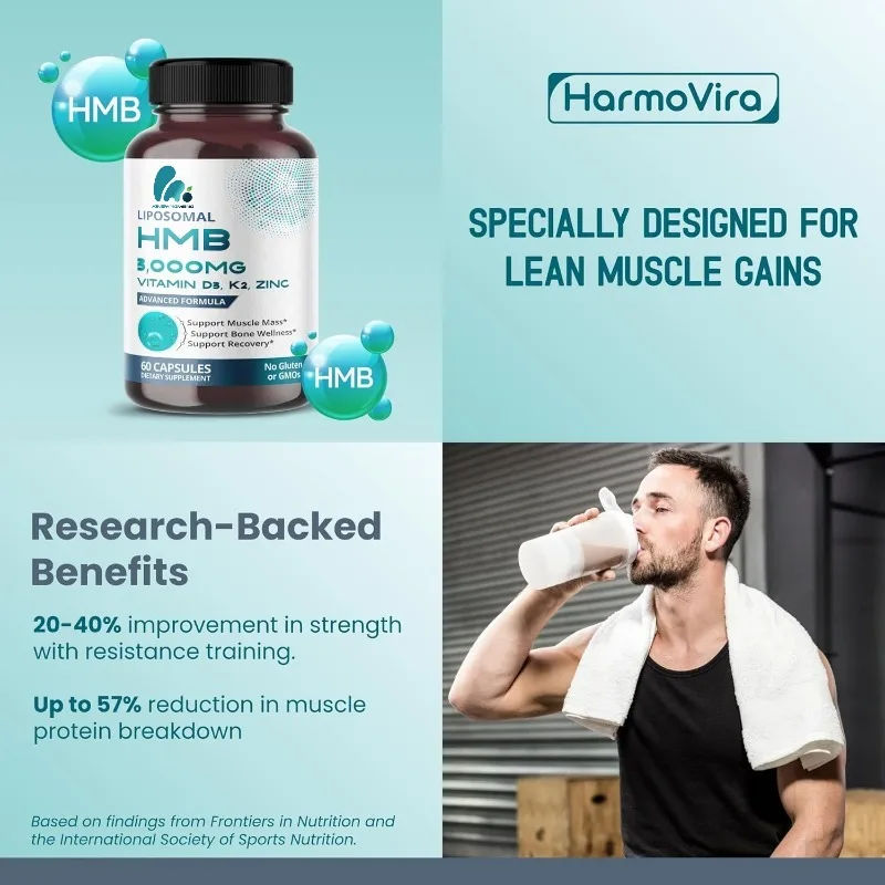 Liposomal HMB containing vitamins D3, K2, and zinc supports muscle mass and bone health -60 capsules gluten free, non GMO