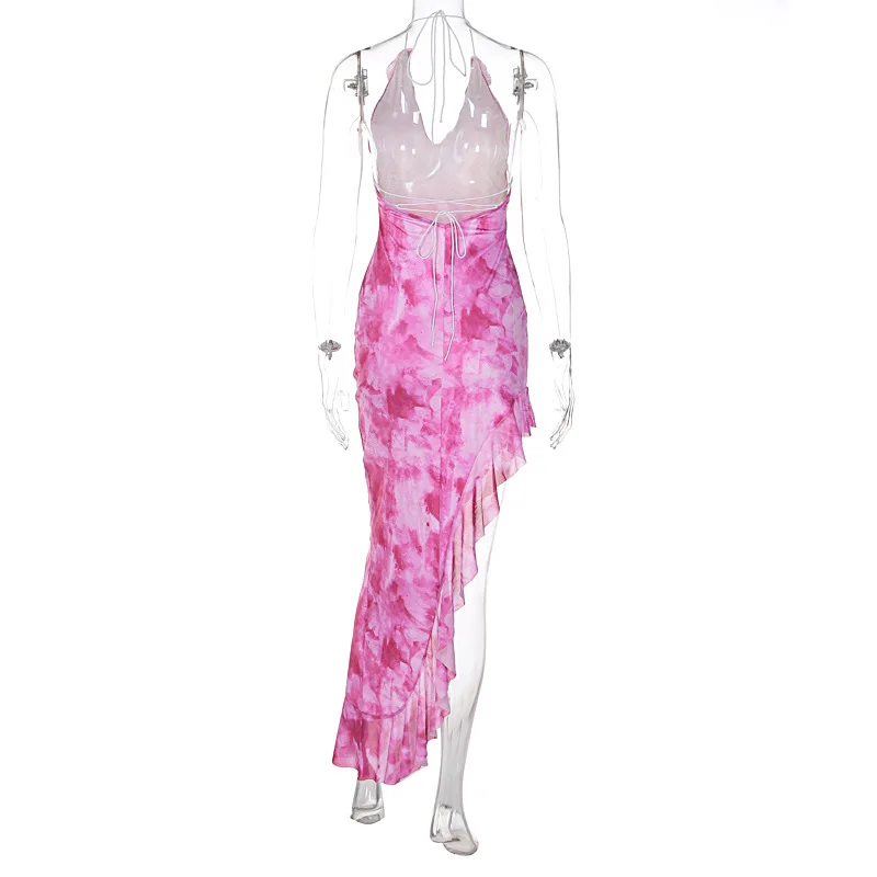 Vestido midi estampado con volantes y cordones para mujer, de malla con retazos, sin espalda, elegante, de fiesta, ajustado, a la moda, con escote en V, falda de tul sexy