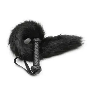 PU Leather Handle Fox Tail Fur Whip Fetish Ass Spanking Paddle Bondage Gear Flogger BDSM Flirt Slave Erotic Sex Toys for Couples 2