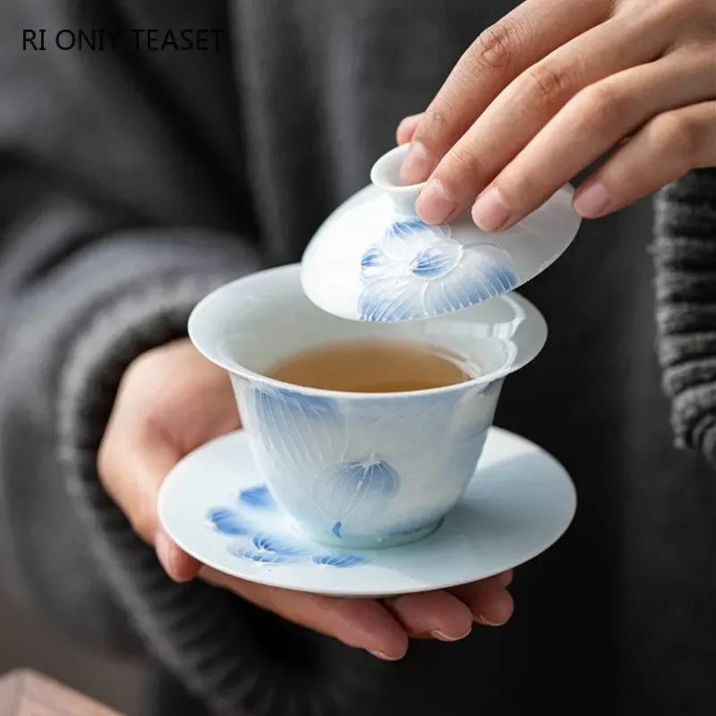140ml Chinese Hand-painted Lotus Flower Ceramic Tea Tureen Teacup Portable Gaiwan Set Handmade Porcelain Tea Bowl Home Set