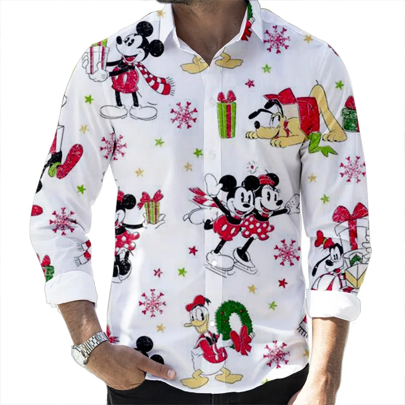 New Christmas Fall Popular Disney Brand Stitch and Mickey Anime 3D Printed Long Sleeve Lapel Shirt Slim Fit Men's Top y2k