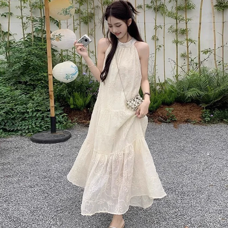 

Women's Hanging Neck Dresses Sleeveless Solid Chiffon A-line Long Skirt Gentle Style Elegant Loose and Slim Fairy Long Skirt
