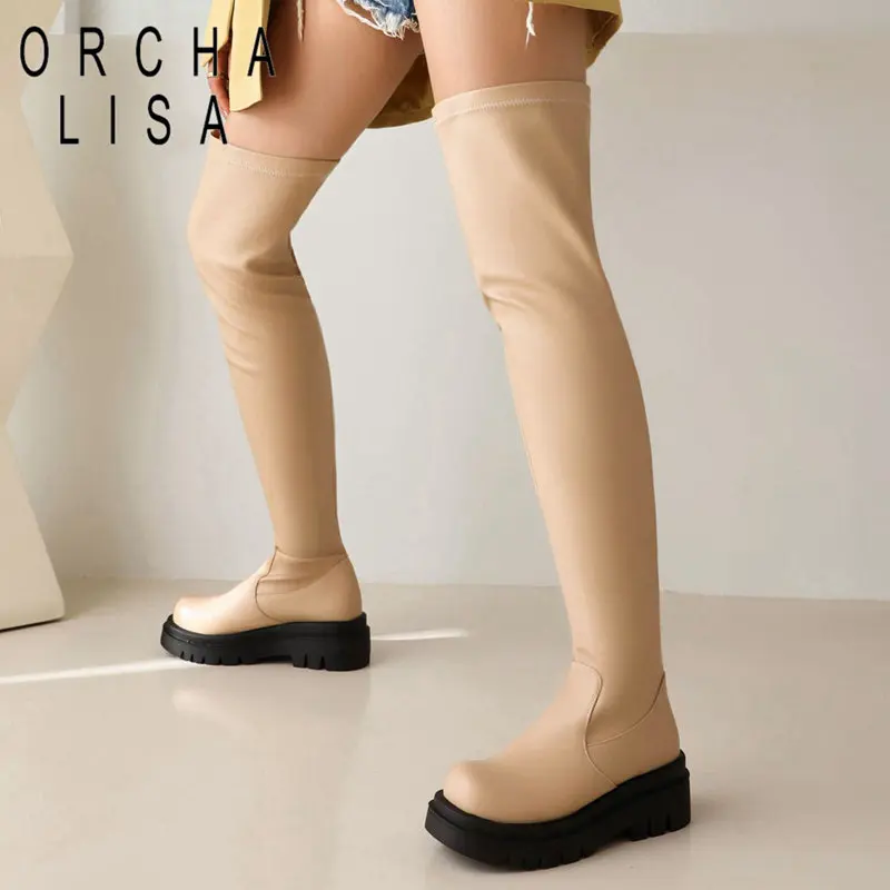 

ORCHA LISA Stretch Boots for Women Round Toe Thick Heels 5cm Platform Slip On Sexy Party Female Thigh Booties Plus Size 41 42 43