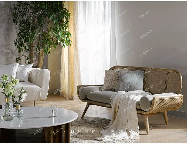 ~Y Solid wood rattan sofa chair designer Nordic ins simple living room double triple rattan chair homestay small apartment