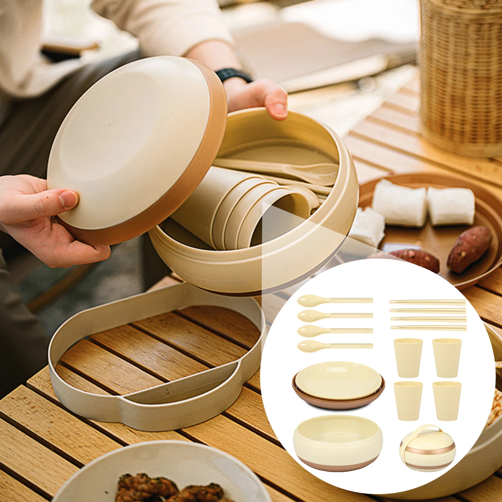 17Pcs Camping Dinner Set for 4 People Camping Plates and Bowls Set Stackable Picnic Dinner Lightweight Crockery