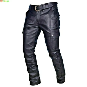 Мужские Кожаные Мотоциклетные Брюки с карманами, черные, ПУ брюки без пояса, мужские брюки большого размера