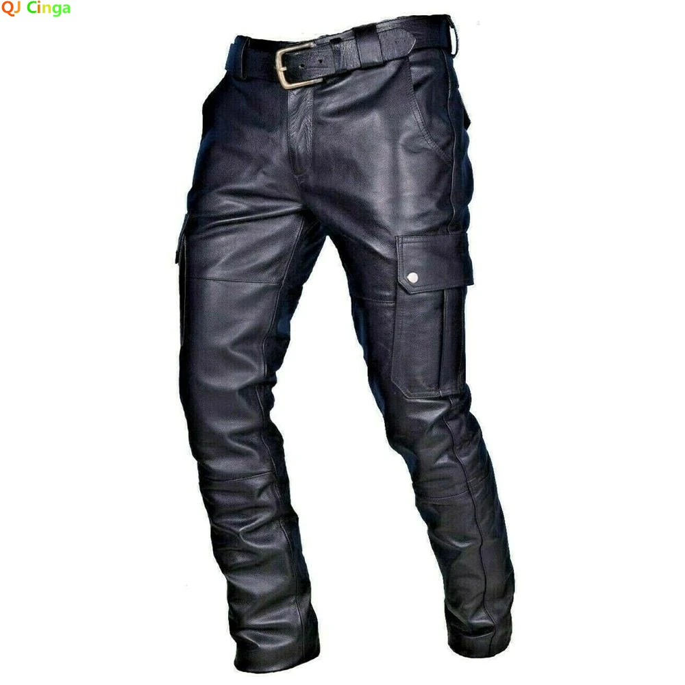 Men's Leather Motorcycle Pants with Cargo Pockets, Black, PU Pants No
