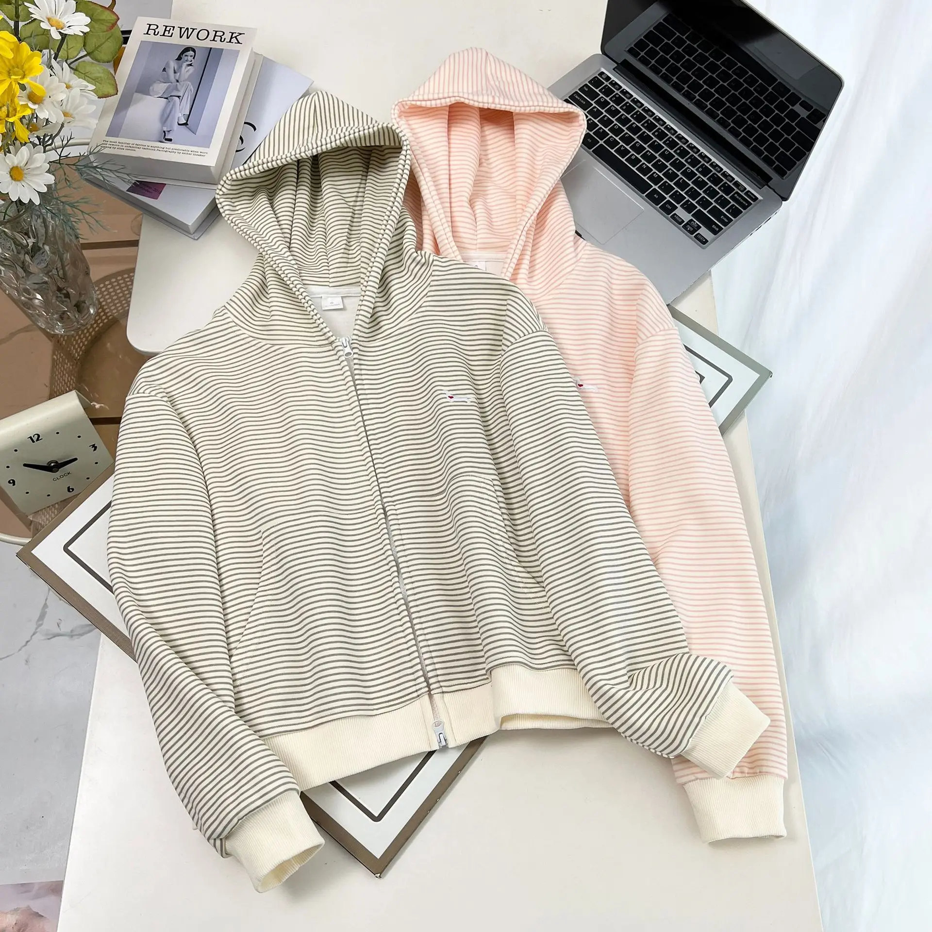 XXXXL Fashion Plus Size Women's Hoodies Autumn New Style Youthful Striped Embroidered Jacket Hooded ZIP-UP Sweatshirt