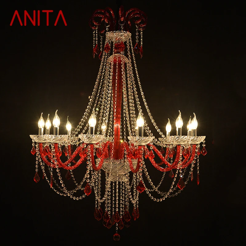 

ANITA European Style Crystal Pendent Lamp Red Candle Lamp Living Room Restaurant Villa Staircase Duplex Building Chandelier