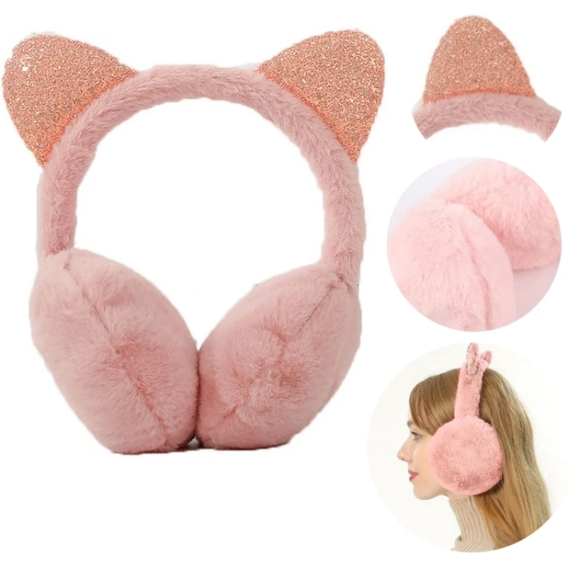Cat Ear Earmuffs Fashion Soft Plush Ear Warmer Winter Warm Earmuffs Ear Cover Outdoor Cold Protection Glitter Cute Cat Ear-Muffs Folding Earflap