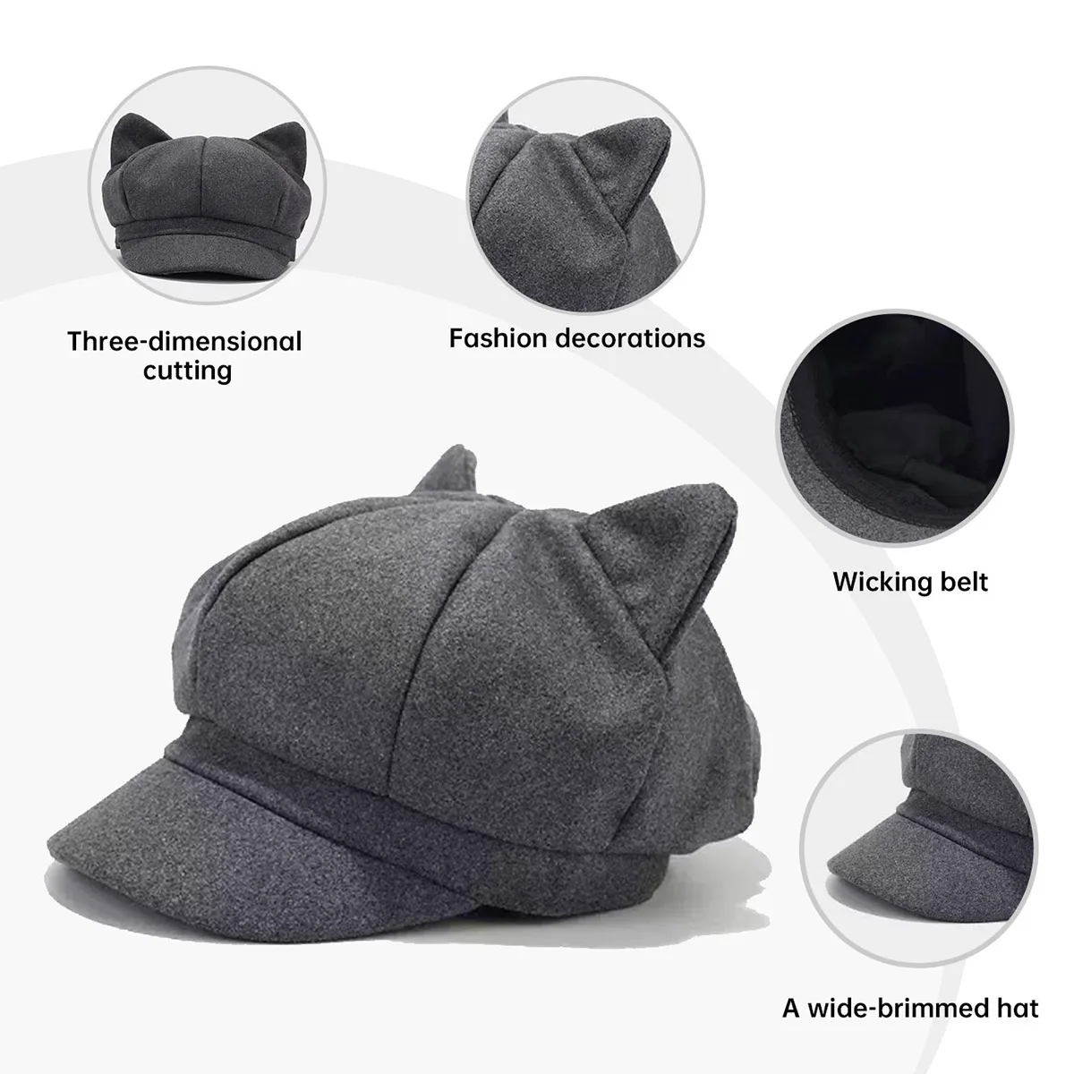 Autumn and Winter New Cute Cat Ear Internet Celebrity Octagonal Hat British Retro Woolen Peaked Cap Solid Color Trendy Painter Hat for Shopping and Students