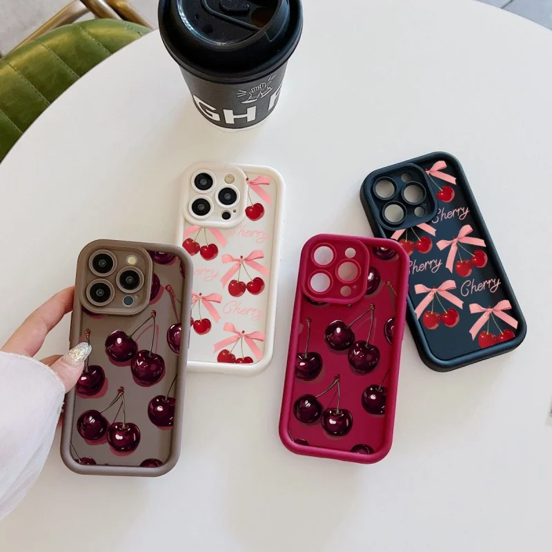 Silicone Red Cherry Bow Phone Case Cover