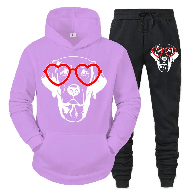 thumbnail image 1 of Conjunto de dos piezas con estampado de perro divertido y gafas de corazón para hombre, sudadera de manga larga a la moda de otoño y pantalones deportivos con cordón, 1 of 5