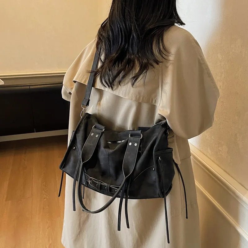 PU Leather Retro Motorcycle Handbag Large Capacity Belt Buckle Underarm Bag Cool Girl Sling Bag Work Date Shopping Handbag